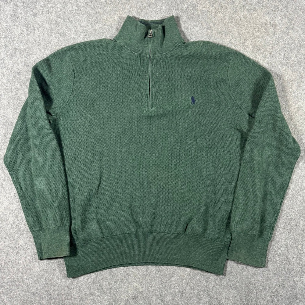Polo Ralph Lauren Sweater Mens Large Green Pima Cotton Quarter Zip Pullover Pony
